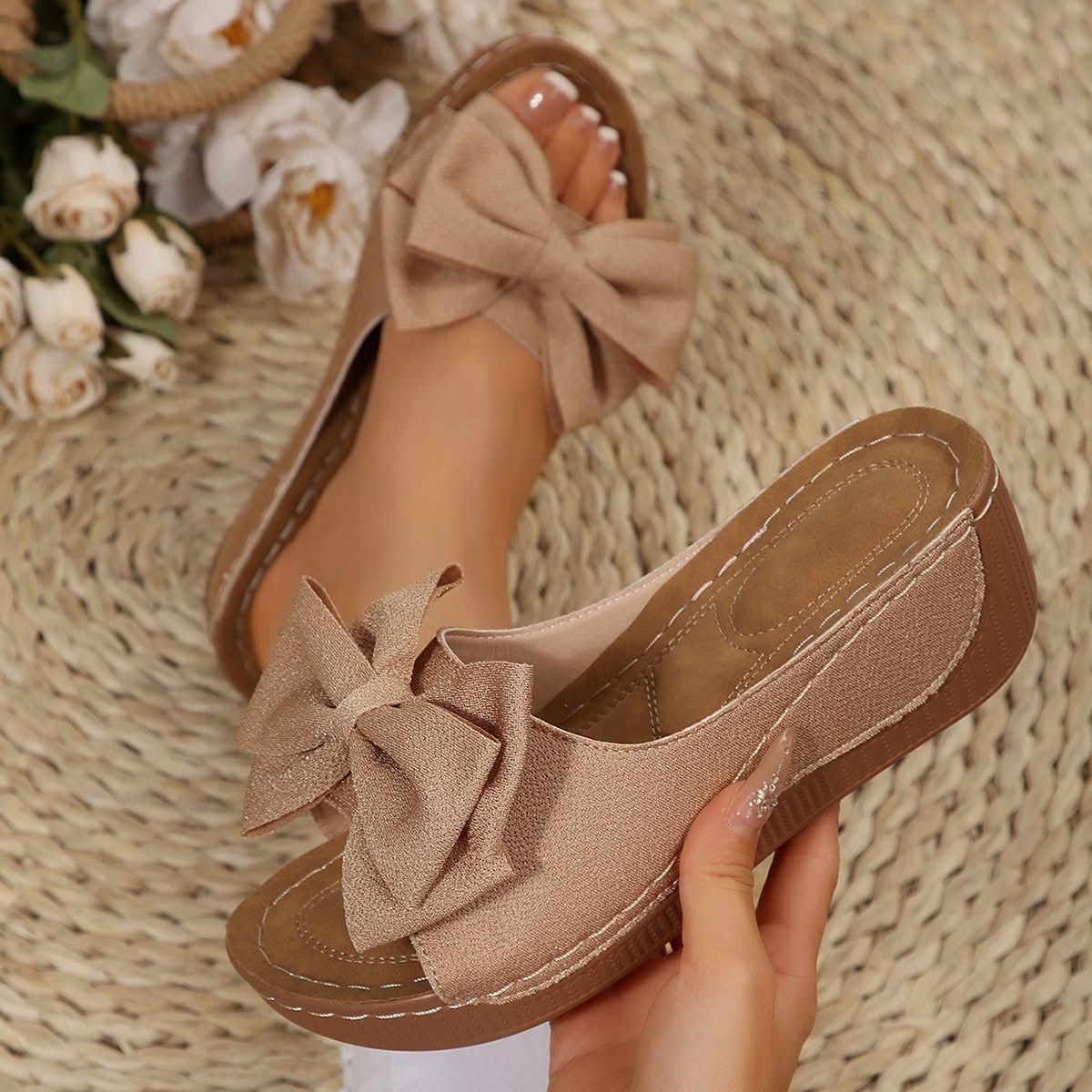 [Pre-Order] Pegged Heeled Shoes Sandals - 2026 Summer New Style Thick-soled Bow Tie Flip-flops for Women