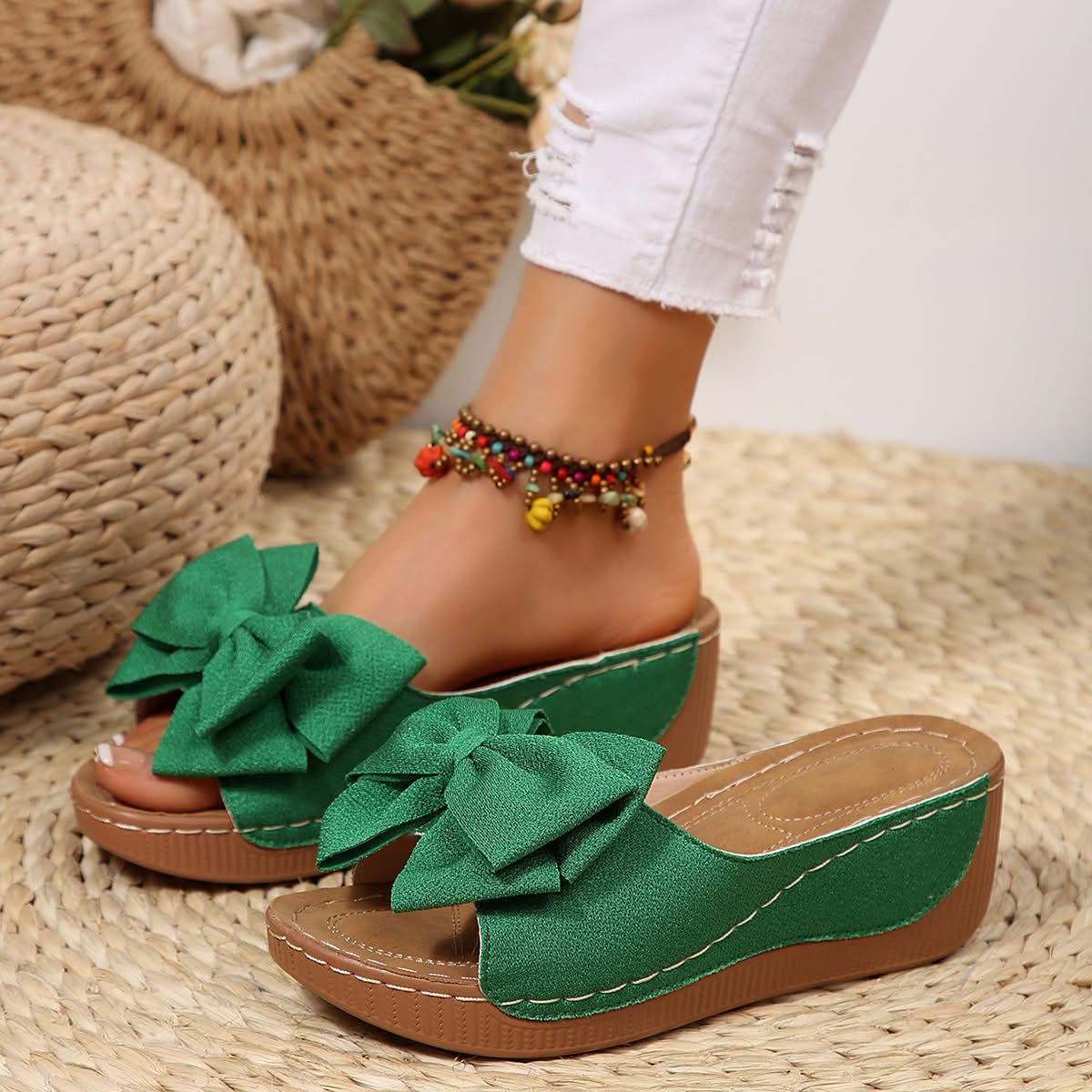 [Pre-Order] Pegged Heeled Shoes Sandals - 2026 Summer New Style Thick-soled Bow Tie Flip-flops for Women