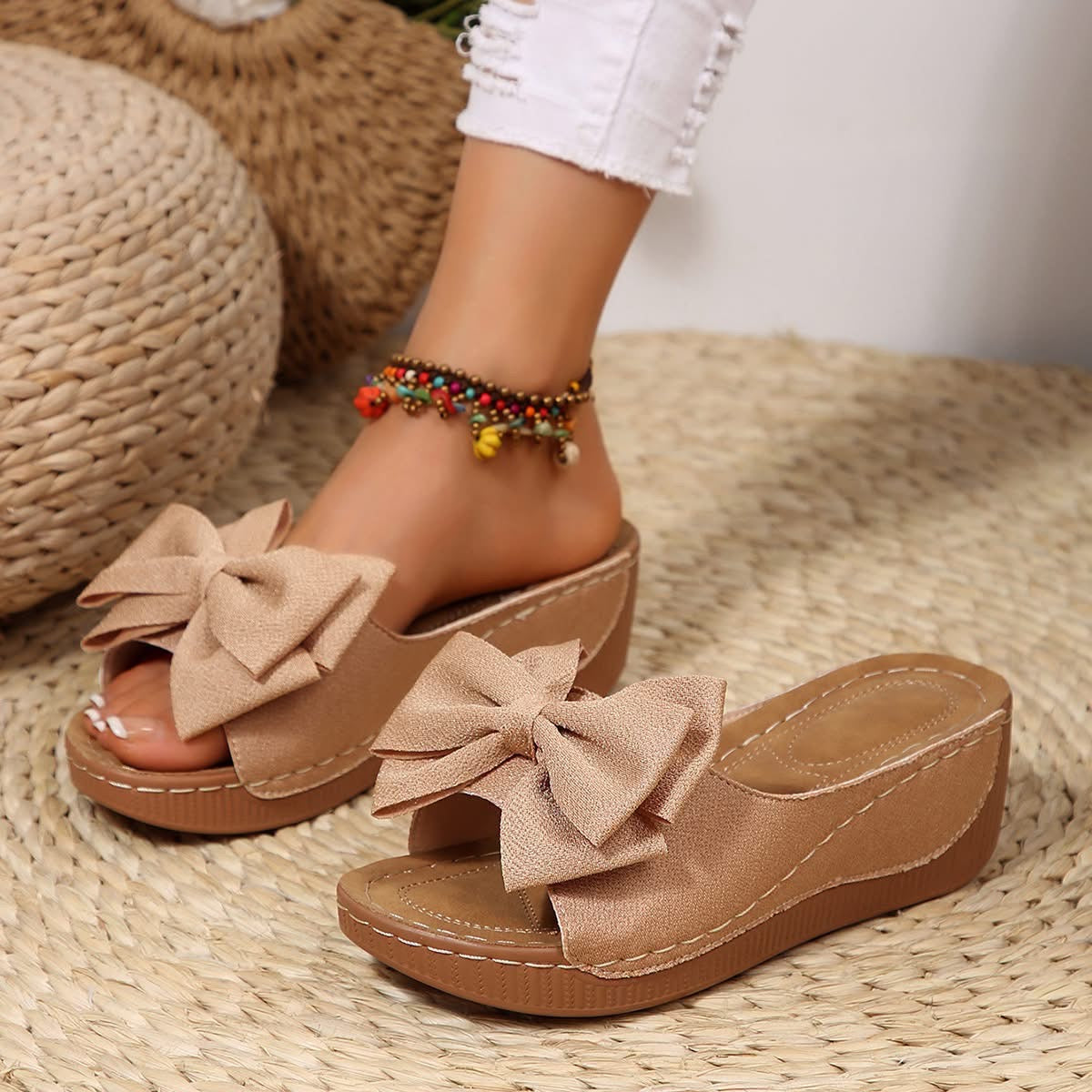 [Pre-Order] Pegged Heeled Shoes Sandals - 2026 Summer New Style Thick-soled Bow Tie Flip-flops for Women