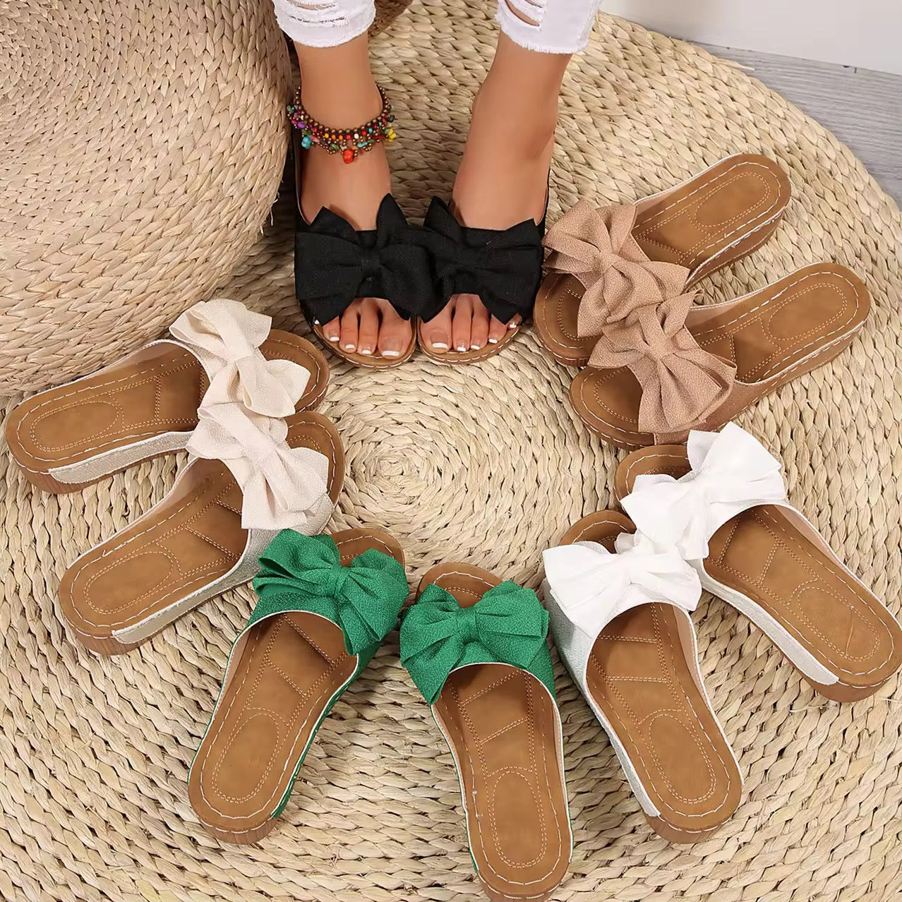 [Pre-Order] Pegged Heeled Shoes Sandals - 2026 Summer New Style Thick-soled Bow Tie Flip-flops for Women